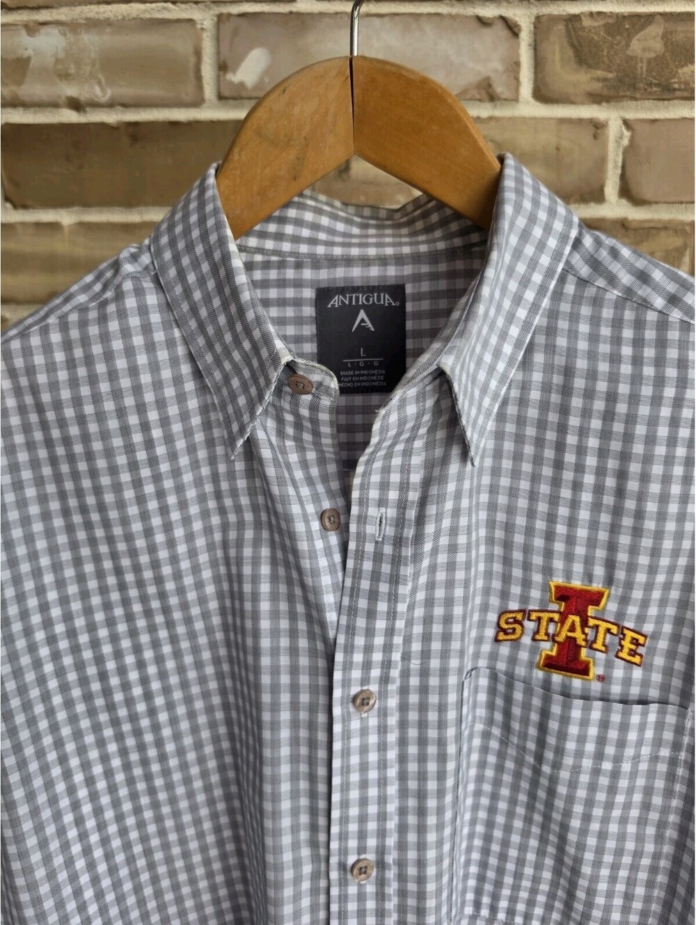 Iowa State Cyclones Antigua Shirt Mens L Gray Check Button Down Embroidered Logo